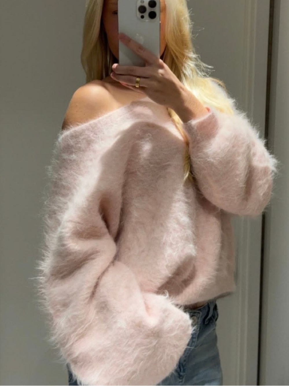 Soft Off-Shoulder Pink Fluffy Women's Sweater